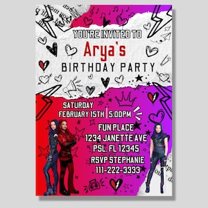 descendant mal and red custom birthday invitation, descendant red party custom, mal birthday invitation, personalized descendants birthday