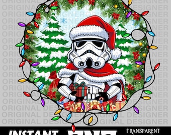 Peut inclure: Une image numérique festive représentant un Stormtrooper portant un chapeau et une cape de Père Noël, entouré de guirlandes lumineuses et de cadeaux. Le texte "INSTANT DOWNLOAD PNG" et "TRANSPARENT BACKGROUND 300 DPI" est inclus.