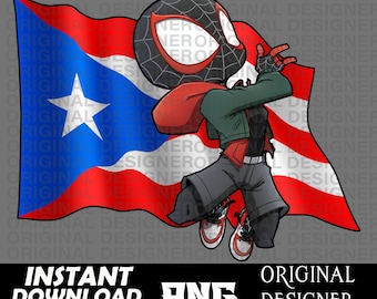 May include: A cartoon illustration of a superhero wearing a black and red suit with a spider web design, standing in front of a Puerto Rican flag. The superhero is holding the flag with one hand and has a determined expression on their face.