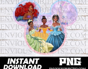May include: A digital illustration of four Disney princesses in a Mickey Mouse ear shape. The princesses are Ariel, Tiana, Belle, and Cinderella. The background is a sparkly purple and blue with a silhouette of Cinderella's castle.