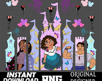 May include: Digital illustration of three women standing in front of a pink castle with butterflies and fireworks. The women are wearing colorful dresses and have brown hair. The castle is decorated with butterflies and fireworks. The text "INSTANT DOWNLOAD PNG ORIGINAL DESIGNER" is at the bottom of the image.