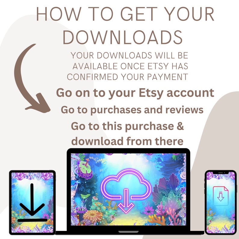 Pu&ograve; includere: Una grafica con istruzioni su come scaricare file digitali da Etsy. La grafica mostra un laptop, un tablet e uno smartphone, ognuno con un'icona di download. Il testo recita: "HOW TO GET YOUR DOWNLOADS YOUR DOWNLOADS WILL BE AVAILABLE ONCE ETSY HAS CONFIRMED YOUR PAYMENT Go on to your Etsy account Go to purchases and reviews Go to this purchase & download from there"