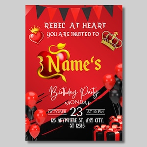 red descendant custom birthday invitation, descendant red party custom, rebel at heart birthday invitation, personalized descendant birthday