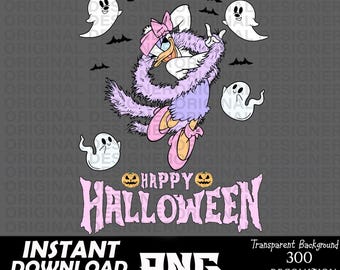 May include: A pink and purple cartoon duck wearing a pink bow and a pink boa, with a pink and white ghost on each side. The duck is flying with its wings outstretched. The text "Happy Halloween" is written in pink letters below the duck.