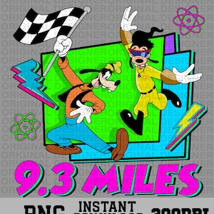 Może przedstawiać: Grafika z kreskówki z Goofym i Maksem, z szachownicą i akcentami błyskawic. Tekst brzmi "9.3 MILES" i "INSTANT DOWNLOAD 300DPI". Postacie są osadzone na zielono-fioletowym tle.