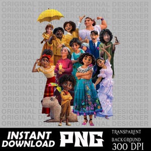 May include: A digital image featuring a group of animated characters from a movie, with a variety of colorful outfits and expressions. The image includes the text "INSTANT DOWNLOAD" and "PNG" at the bottom, along with "TRANSPARENT BACKGROUND 300 DPI".