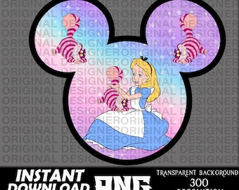 Peut inclure: Alice au pays des merveilles et le Chat du Cheshire dans une silhouette d'oreille de Mickey Mouse rose et bleue sur un fond scintillant.
