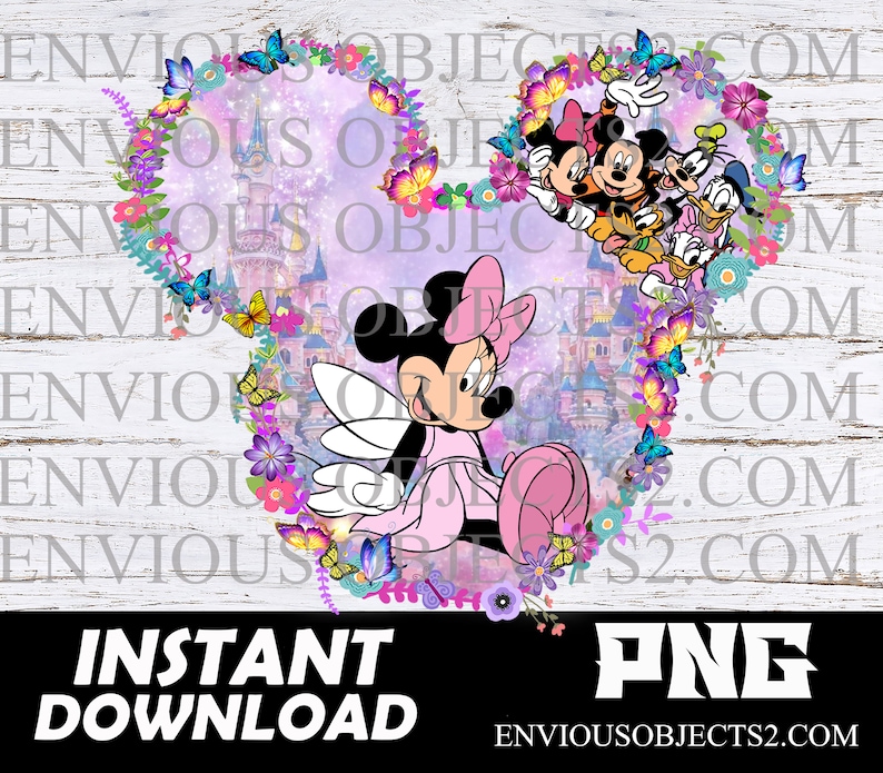 May include: A pink Minnie Mouse with fairy wings is sitting in front of a purple and pink background with a castle and flowers. The background is surrounded by a wreath of flowers and butterflies.  The text "INSTANT DOWNLOAD PNG" is at the bottom of the image.