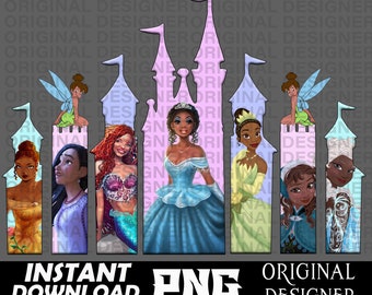May include: A digital illustration of a pink and blue castle with seven princesses standing in front of it. The princesses are all wearing different dresses and have different hairstyles. The princesses are: Tiana, Cinderella, Ariel, Pocahontas, Mulan, Rapunzel, and Elsa.