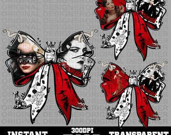 cruella deville bundle PNG, villain PNG, cruella deville bow download, villain cruella bow, printable, cruella sublimation, cruella clipart