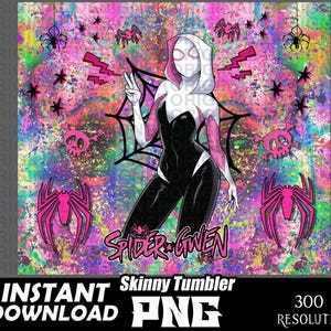 May include: A pink and white graphic design featuring a female superhero character with a spider web design. The background is a colourful abstract design with skulls and spiders. The text "Spider-Gwen" is in the lower centre of the image.