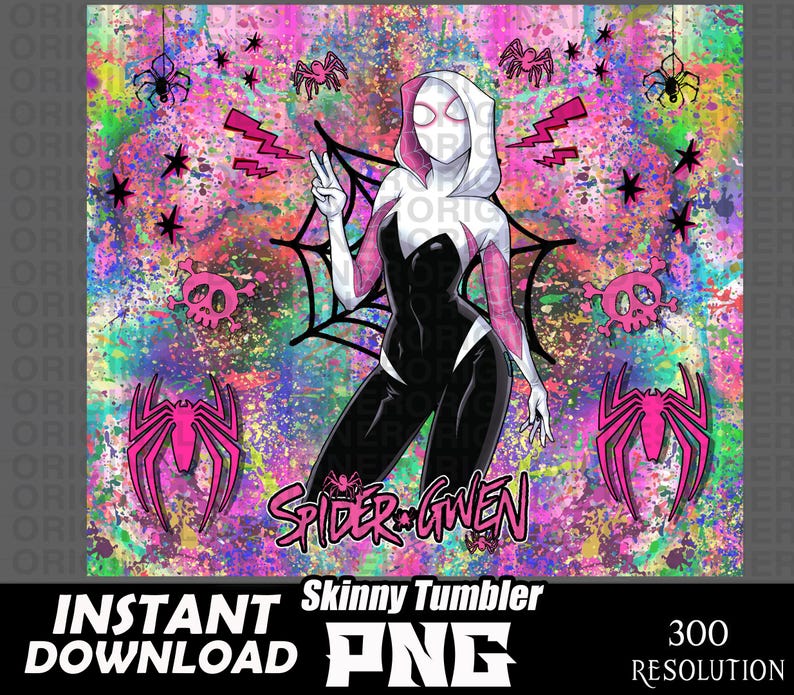 May include: A pink and white graphic design featuring a female superhero character with a spider web design. The background is a colourful abstract design with skulls and spiders. The text "Spider-Gwen" is in the lower centre of the image.