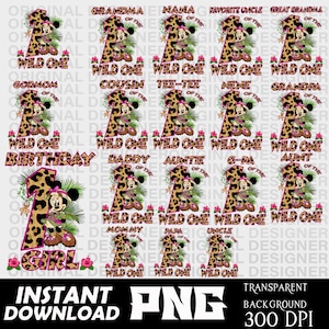 May include: Digital design featuring Minnie Mouse in safari attire, with the text "Wild One" and "Girl". The design includes a leopard print number one and various family titles. The bottom text reads "Instant Download PNG".