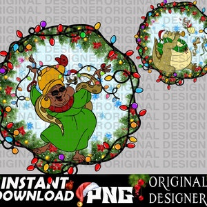 May include: A green and yellow cartoon character with a snake wrapped around her neck is standing in front of a wreath of Christmas lights. The character is wearing sunglasses and a green robe. The wreath is decorated with red and green holly and snowflakes.