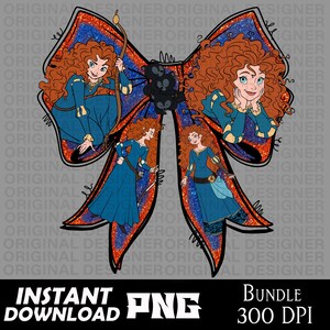 May include: A digital graphic featuring a bow design with illustrations of a character with red curly hair in a blue dress. The bow has a blue and orange glitter effect. Text at the bottom reads "INSTANT DOWNLOAD PNG" and "BUNDLE 300 DPI."