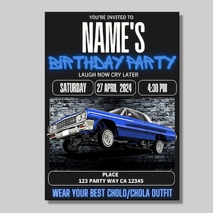 Lowrider verjaardagsuitnodiging, homeboy verjaardagsfeestje, Chicana verjaardag, Chicano, cholo verjaardag, vato, jaren '90 uitnodiging, Chola verjaardag uitnodigen
