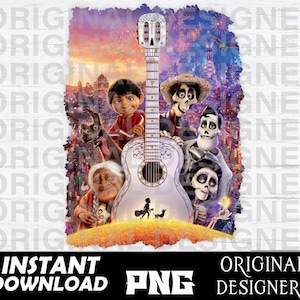 Peut inclure: Une illustration colorée représentant des personnages du film d'animation Coco. Les personnages sont debout devant une grande guitare blanche avec un motif floral. L'arrière-plan est une ville animée avec des feux d'artifice dans le ciel.