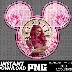 May include: A pink Mickey Mouse-shaped graphic with a clock face in the centre. The clock face has Roman numerals and a pink heart design. A woman with pink hair is in front of the clock face. The background is a pink and white floral pattern.