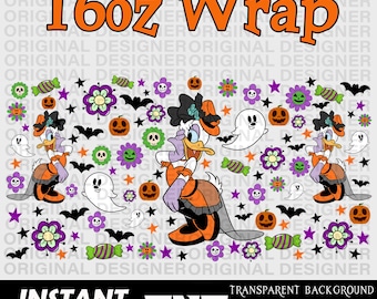 May include: A Halloween-themed design featuring Daisy Duck in a costume, surrounded by pumpkins, ghosts, bats, and candy. The text "16oz Wrap" is displayed in orange. The design is available as an instant PNG download.