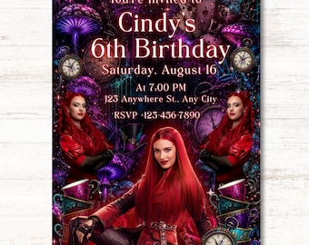 descendants wicked wonderland Red custom birthday invitation png, Red girl birthday invitation, personalized descendants red birthday party
