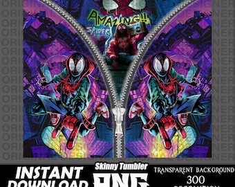 May include: A skinny tumbler design featuring a purple and blue cityscape with two Spider-Man characters in red and black suits. The text "Amazing!! Spider" is at the top of the design.