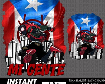 May include: A digital illustration of a cartoon superhero wearing a red and black suit, standing in front of a red, white, and blue Puerto Rican flag. The superhero is jumping over a cityscape with the words "Mi Gente" in red letters below. The image has a transparent background.