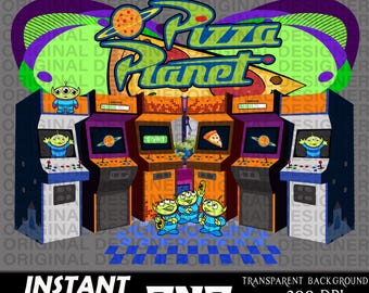 Descarga digital de Pizza Planet, PNG, Alien, camiseta de Toy Story, diseño de camiseta arcade, imágenes prediseñadas de Pizza Planet, sublimación de Pizza Planet