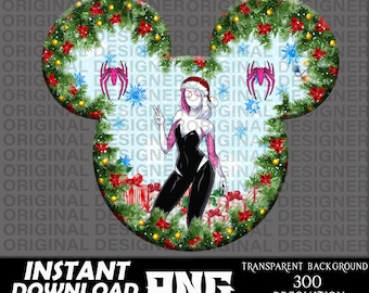 May include: A Christmas-themed Mickey Mouse-shaped design featuring a white and black Spider-Gwen character wearing a Santa hat. The design includes a wreath of holly and red berries, snowflakes, and two pink spiders.