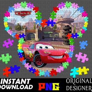 Puede incluir: Una imagen digital de un contorno de cabeza de Mickey Mouse hecho de piezas de rompecabezas de colores. La imagen dentro del contorno es de la película de Disney Cars. La imagen muestra a Rayo McQueen, un coche de carreras rojo, frente a un garaje. Las palabras "Cars" están en la parte superior de la imagen.