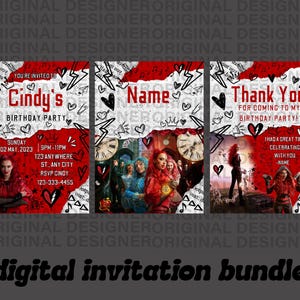 red descendant custom birthday invitation bundle, descendant red custom, rebel heart birthday, personalized descendant birthday, thank you