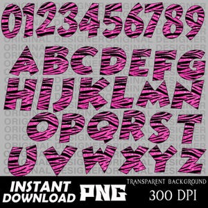 Conjunto de letras y números de Safari PNG, Alfabeto PNG, descarga de impresión de tigre cebra con purpurina rosa intenso, Sublimación de letras de Safari, Tigre con purpurina rosa