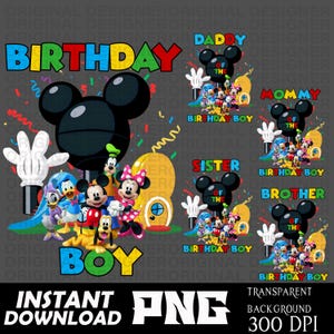 Könnte beinhalten: Ein digitales Design mit Micky Maus und ihren Freunden mit dem Wort "BIRTHDAY" in bunten Buchstaben. Zusätzlicher Text enthält "BOY", "DADDY", "MOMMY", "SISTER" und "BROTHER". Das Design enthält auch den Text "INSTANT DOWNLOAD" und "PNG".