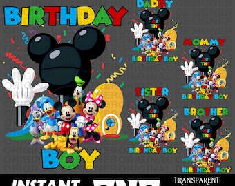 Könnte beinhalten: Ein digitales Design mit Micky Maus und ihren Freunden mit dem Wort "BIRTHDAY" in bunten Buchstaben. Zusätzlicher Text enthält "BOY", "DADDY", "MOMMY", "SISTER" und "BROTHER". Das Design enthält auch den Text "INSTANT DOWNLOAD" und "PNG".