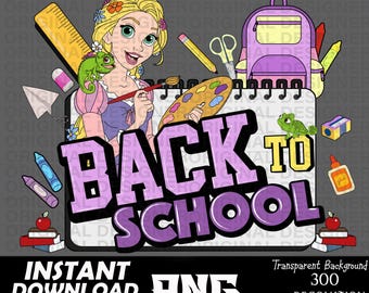 May include: A digital illustration of a girl with long blonde hair holding a paintbrush and a paint palette. She is standing in front of a notebook with the words "Back to School" written in purple and yellow letters. The image has a purple, yellow, and green color scheme.