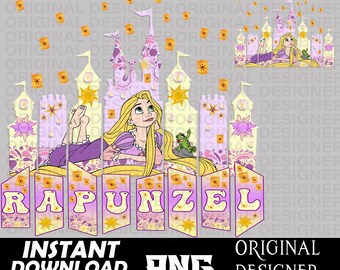 May include: A digital illustration of Rapunzel from the Disney movie Tangled. She is laying down in front of a purple and yellow castle with floating lanterns. The text "Rapunzel" is written in a banner below her.