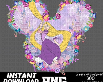 May include: A digital illustration of a Disney princess with long blonde hair wearing a purple dress and holding a purple curtain. The background is a pink and purple castle with flowers and butterflies.