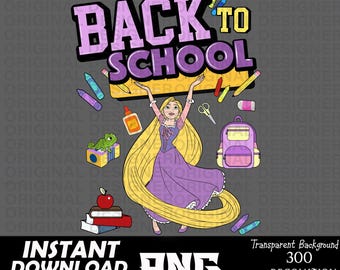 May include: A digital illustration of a cartoon princess with long blonde hair holding up a ruler with the words "Back to School" on it. The princess is wearing a purple dress and is surrounded by school supplies, including a backpack, pencils, crayons, and a glue stick.
