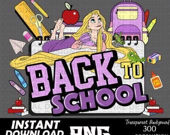 May include: A purple and yellow graphic with the text "Back to School" featuring a cartoon image of Rapunzel from Disney's Tangled. The graphic includes school supplies like a ruler, pencils, a backpack, and a book.