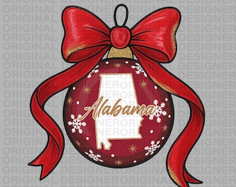 Alabama Christmas png download, red gold Coquette bow PNG, Alabama ornament design, Alabama Christmas sublimation, Alabama printable cricut