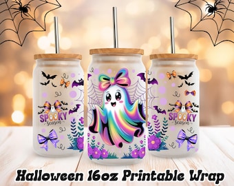 16oz Halloween png, Iridescent Ghost PNG, Coquette Iridescent Halloween bow png, Halloween 16oz sublimation, Libbey Glass png, Spooky Season