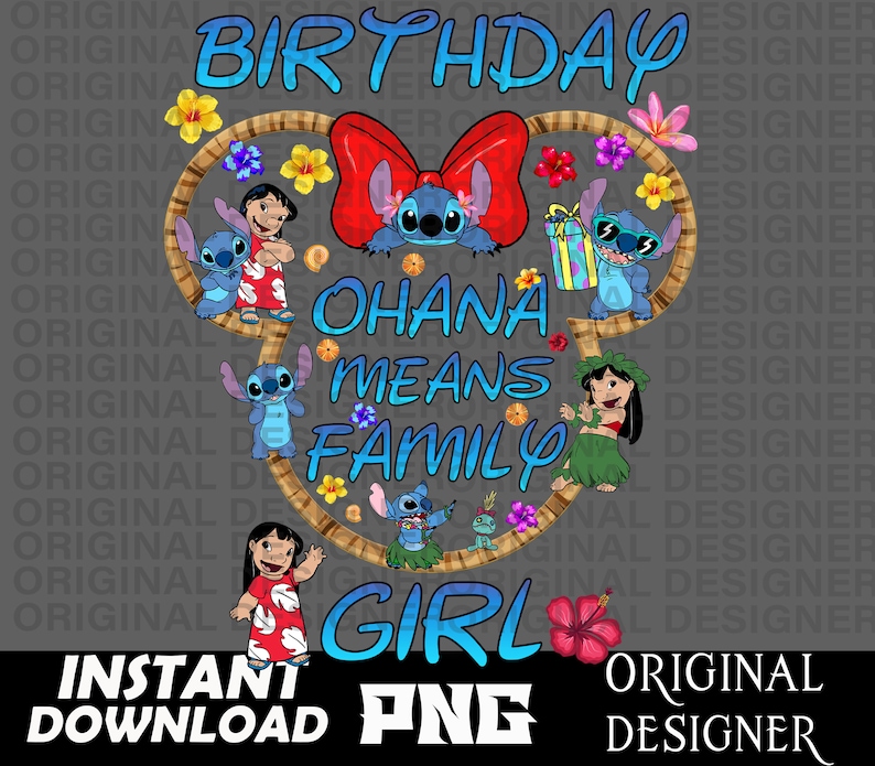 Puede incluir: Un personaje Stitch azul y blanco con un lazo rojo y el texto "Birthday Girl" en un c&iacute;rculo azul. El texto "Ohana Means Family" est&aacute; escrito en un c&iacute;rculo blanco con un contorno marr&oacute;n. El fondo es gris.