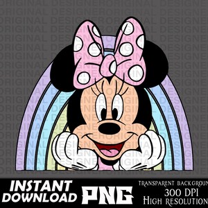 May include: A cartoon illustration of Minnie Mouse with a pink bow and a rainbow behind her. She is smiling and looking at the viewer.