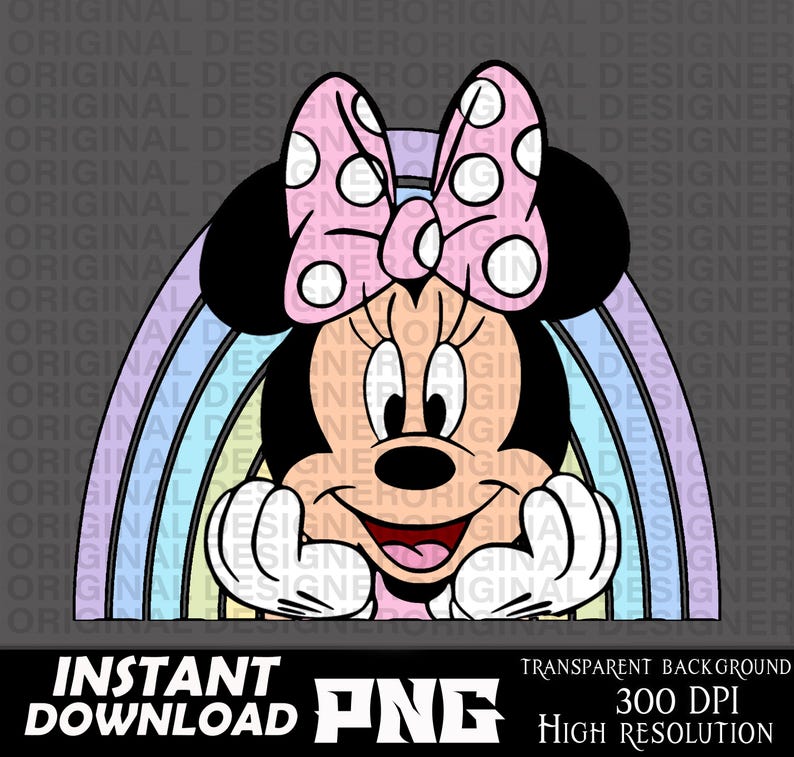 May include: A cartoon illustration of Minnie Mouse with a pink bow and a rainbow behind her. She is smiling and looking at the viewer.