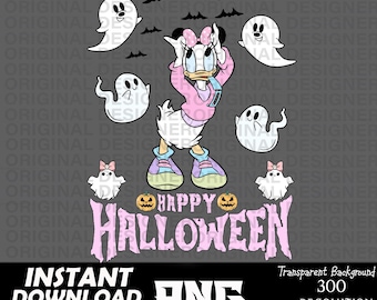 May include: A pink and white cartoon duck wearing a pink shirt and sneakers with a pink bow in her hair. The duck is standing in front of the text "Happy Halloween" with a pumpkin on either side of the text. There are white ghosts and bats in the background.