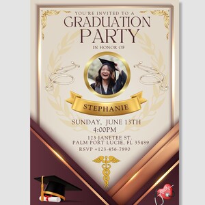 Fiesta de graduación médica, invitaciones para fiesta de graduación imprimibles, invitaciones para fiesta de graduación digitales, graduación médica, promoción de 2025