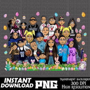 May include: A group of cartoon characters dressed in colorful clothing and holding Easter eggs. The characters are standing in front of a gray background with the words "ORIGINAL DESIGNER" repeated throughout.
