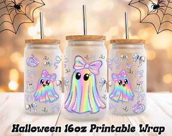 16oz Halloween png, Iridescent Ghost PNG, Coquette Iridescent Halloween bow png, Halloween 16oz sublimation, Libbey Glass png, Spooky Season