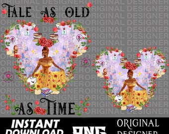 May include: A digital illustration of Belle from Beauty and the Beast in a yellow dress with a red rose in her hair. The image is in the shape of a Mickey Mouse head with a purple background and a castle in the background. The text "Tale as Old as Time" is at the top of the image.
