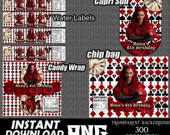 descendants red party favors bundle png, descendants red Birthday party, descendants red Birthday, Chip bags, water bottle label, candy wrap