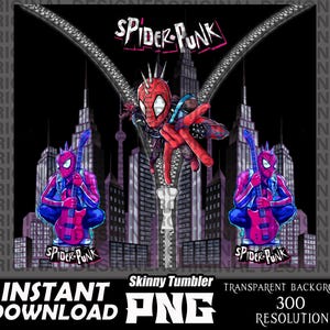 May include: A digital design featuring a cartoon Spider-Man character playing a guitar in front of a city skyline. The design includes the text "Spider-Punk" and is suitable for use on a skinny tumbler.